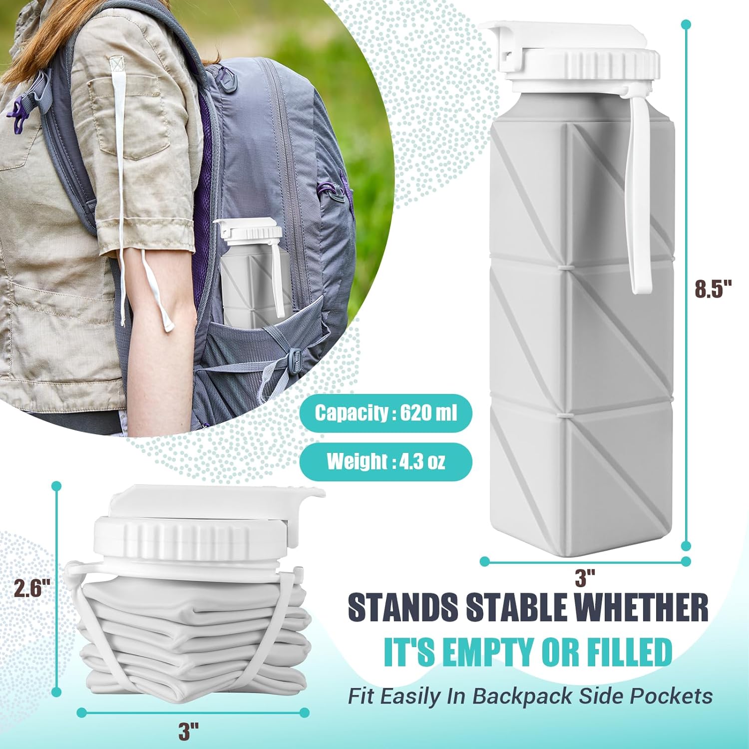 Collapsible Travel Water Bottles, Food Grade BPA Free Silicone Foldable Water Bottle, Leakproof Portable Expandable Water Bottles for Traveling, Camping, Hiking, Cycling & Sports Outdoor 620ml(2 Pack)