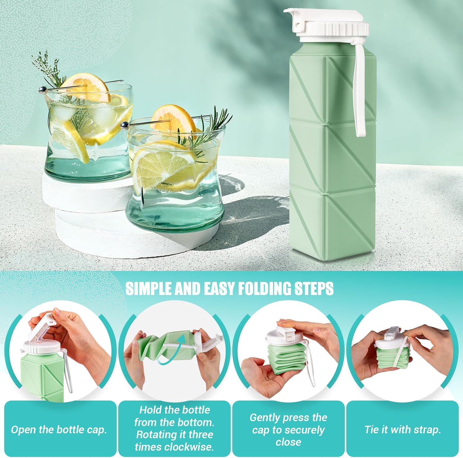 Collapsible Travel Water Bottles, Food Grade BPA Free Silicone Foldable Water Bottle, Leakproof Portable Expandable Water Bottles for Traveling, Camping, Hiking, Cycling & Sports Outdoor 620ml(2 Pack)