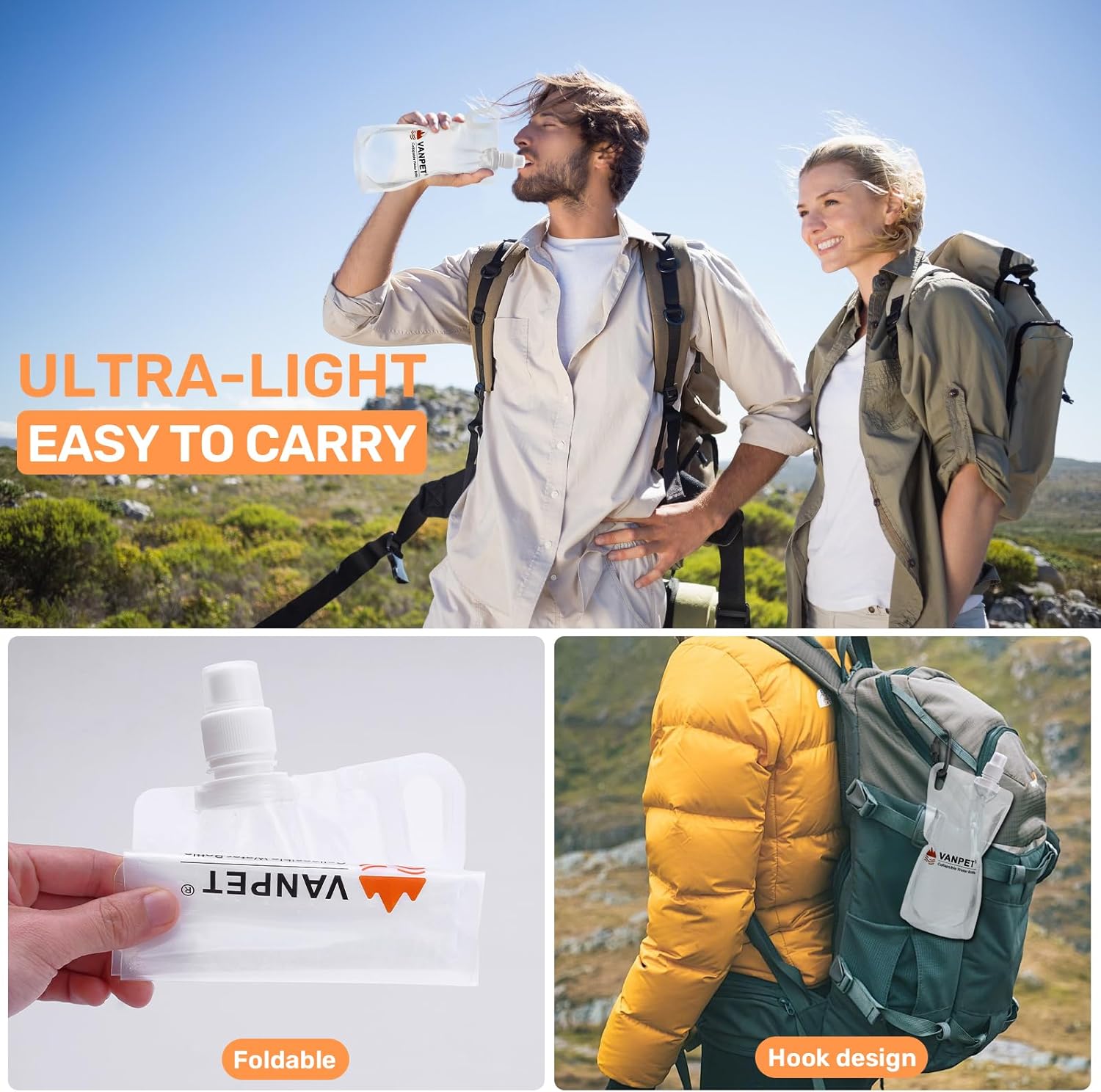 Filter Collapsible Water Bottles, 1L Plastic Flasks, Reusable Drink Bags, Foldable Backpacking Water Bottle for Travel Camping Hiking (2)