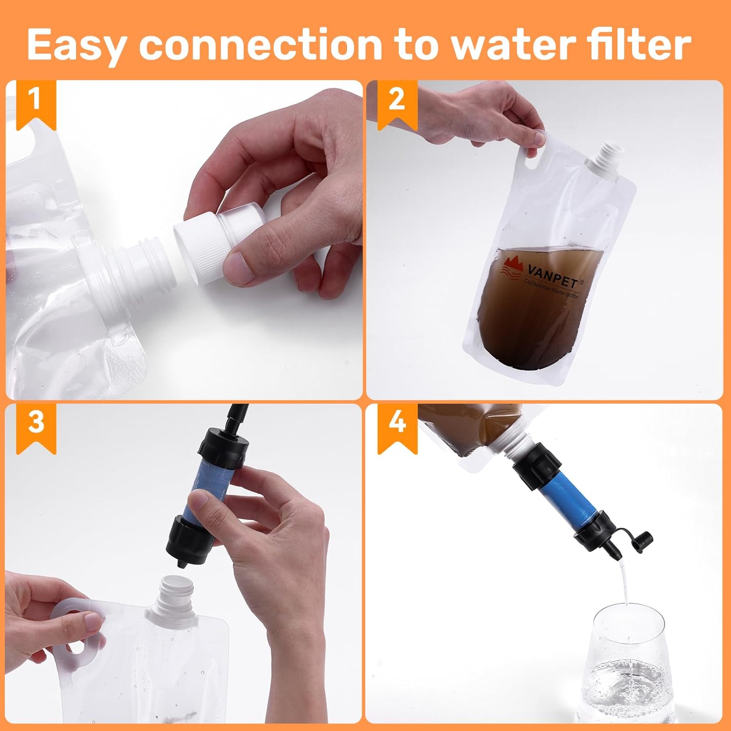 Filter Collapsible Water Bottles, 1L Plastic Flasks, Reusable Drink Bags, Foldable Backpacking Water Bottle for Travel Camping Hiking (2)