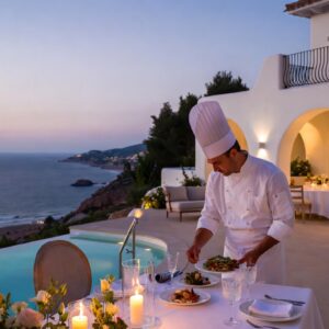 Private chef preparing gourmet meal in luxury villa kitchen