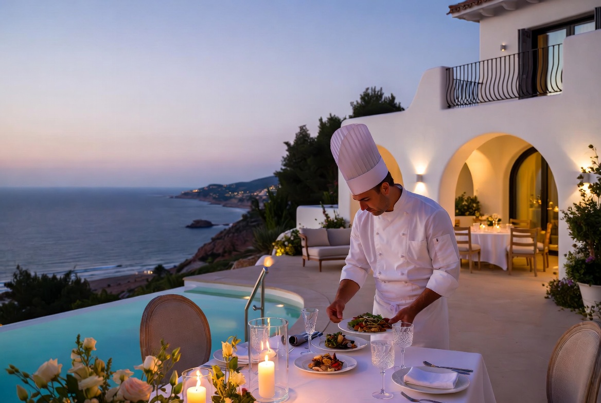 Private chef preparing gourmet meal in luxury villa kitchen